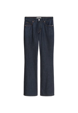Granatowe dżinsy o prostym kroju, z pięcioma kieszeniami, miedzianymi akcesoriami i tonalnym przeszyciem. Gładka powierzchnia i klasyczny krój.