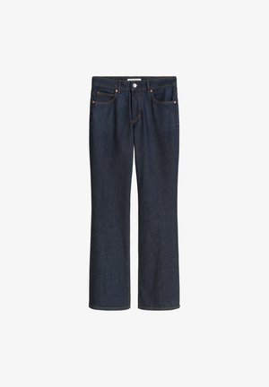 Granatowe dżinsy o prostym kroju, z pięcioma kieszeniami, miedzianymi akcesoriami i tonalnym przeszyciem. Gładka powierzchnia i klasyczny krój.