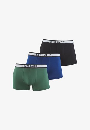 Three pairs of boxer briefs in green, blue, and black. Made of smooth fabric with a waistband featuring "S.OLIVER" in white on a black band.