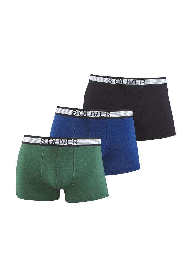 Tri pari bokseric v zeleni, modri in črni barvi. Narejeni iz gladkega materiala s pasom, ki nosi napis "S.OLIVER" v beli barvi na črnem traku.