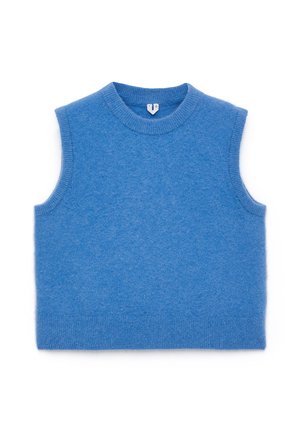 Light blue sleeveless sweater with a round neckline, made from soft material, featuring a smooth texture and ribbed trim at the bottom.