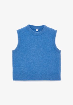 Light blue sleeveless sweater with a round neckline, made from soft material, featuring a smooth texture and ribbed trim at the bottom.