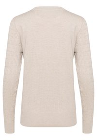 Beżowy sweter dzianinowy o gładkiej części ciała i teksturowanych rękawach. Posiada okrągły dekolt oraz prążkowane mankiety i dół.