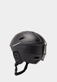 Schwarzer Helm mit mattem Finish, aerodynamischer Form, Lüftungsschlitzen, verstellbarem Riemen und einer seitlichen Halterung für Zubehör.