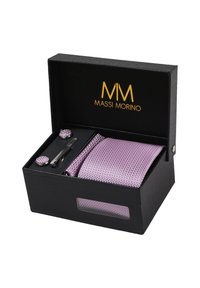 Lila strukturierte Krawatte, Manschettenknöpfe und Krawattennadelset in einer schwarzen Box mit transparentem Teil. Goldenes "M Massi Morino"-Logo auf dem Deckel.