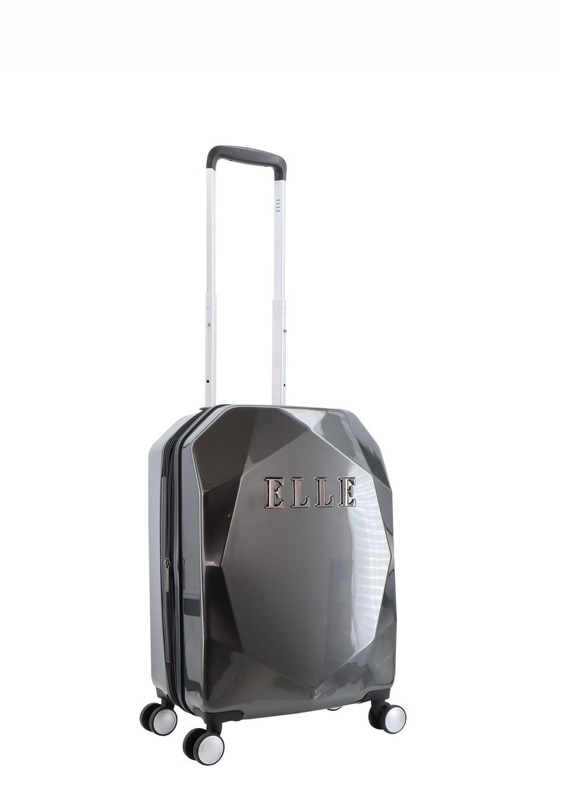 Hard-shell suitcase in glossy dark gray with geometric design, zip closure, embossed "ELLE" logo, and four wheels for mobility.