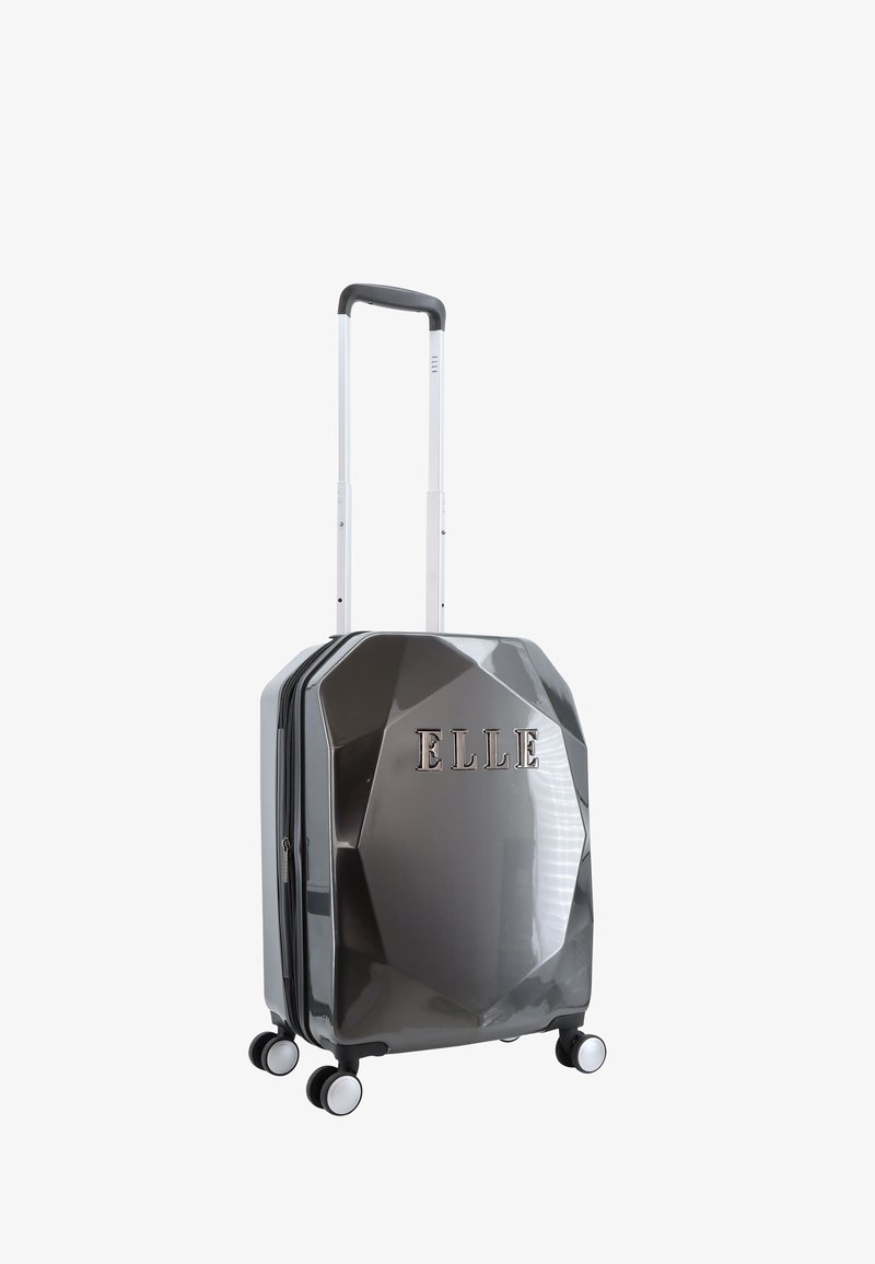 Hard-shell suitcase in glossy dark gray with geometric design, zip closure, embossed "ELLE" logo, and four wheels for mobility.