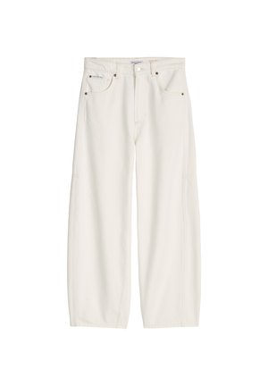 Białe jeansy z wysokim stanem i szerokimi nogawkami, z przednimi kieszeniami, pętlami na pasek i zapięciem na guzik.