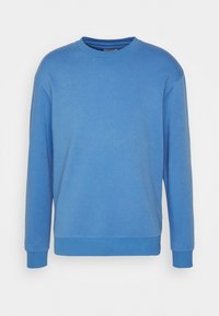 Blå crewneck-tröja med långa ärmar, ribbade ärmslut och midja, tillverkad av mjukt bomullsblandningsmaterial, slät textur och utan synliga mönster.