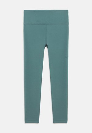 Teal hoge taille legging tot op de enkel met gladde stof en minimale naden, plat liggend op een witte achtergrond.