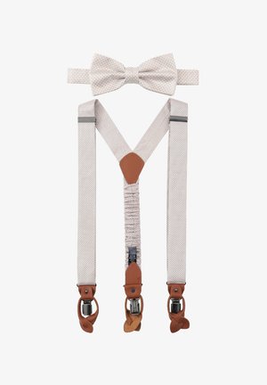 Hosenhalter- und Fliegen-Set in hellbeige mit einem strukturierten Muster. Enthält braune Lederakzente und Metallclips zur Befestigung.