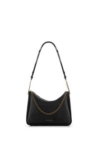 Borsa a tracolla nera in pelle con finitura testurizzata, silhouette curvata, tracolla in catena dorata e logo sul fronte. Design semplice ed elegante.