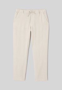 Pantalon décontracté beige clair avec taille élastique, cordon de serrage et poches latérales, à plat sur fond gris.
