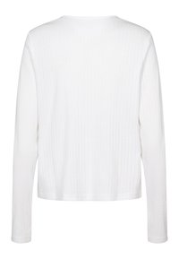 Biele dlhé rukávy rebrovaný pletený top s okrúhlym výstrihom, zobrazený zozadu s rovnou lemom.