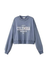 Modrá skrátená mikina vyrobená z bavlny, s okrúhlym výstrihom a dlhými rukávmi. Na prednej strane je potlač "District of Columbia Washington D.C."