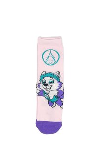 Calcetines de color rosa claro con un personaje de un lobo de dibujos animados, con acentos en turquesa y púrpura. El diseño incluye un emblema redondo por encima del personaje.