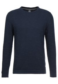 Marineblauwe gestructureerde trui met een ribbelpatroon, lange mouwen, ronde hals en een rechte zoom, gemaakt van een zachte stof.