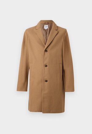 Palton pentru bărbați din amestec de lână, de culoare maro cămilă, cu un singur rând de nasturi, cu trei nasturi, rever cu crestătură și buzunare laterale, de la GAP.