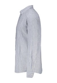 Camisa de botones de manga larga con rayas verticales azules y blancas, vista de lado sobre un fondo blanco.