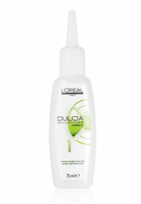 L'Oréal Dulcia Advanced Ionène G haar permanent vloeistof in een transparante witte fles van 75 ml, met groene accenten en een precisieapplicatortip.
