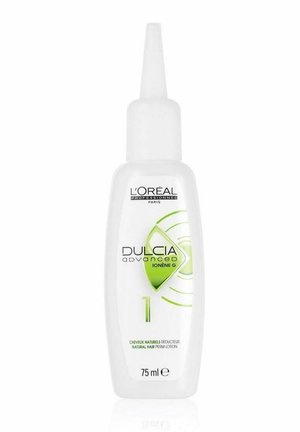 L'Oréal Dulcia Advanced Ionène G hair perm lotion in a transparent white bottle, 75 ml, featuring green accents and a precision applicator tip.