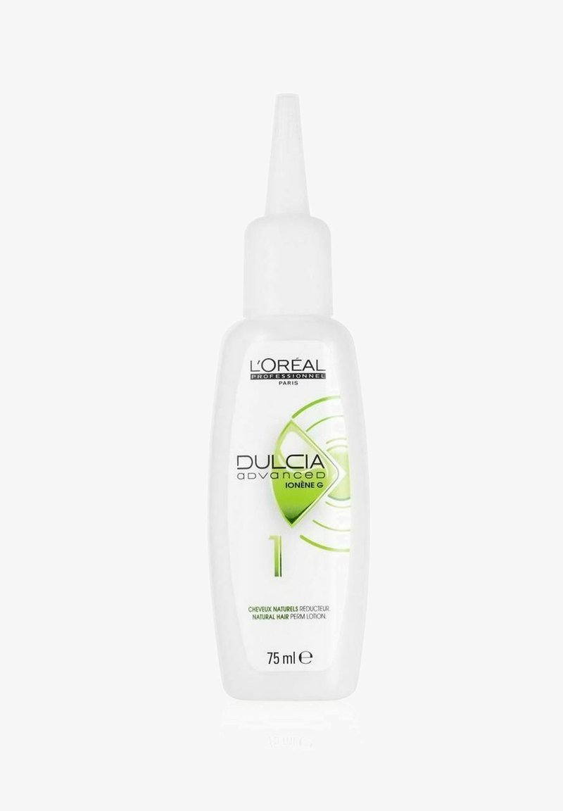 L'Oréal Dulcia Advanced Ionène G haar permanent vloeistof in een transparante witte fles van 75 ml, met groene accenten en een precisieapplicatortip.