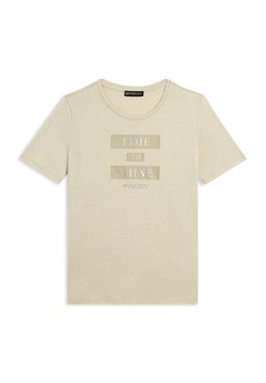 T-shirt beige a maniche corte con la scritta "TIME TO SHINE" stampata in lettere maiuscole al centro davanti.