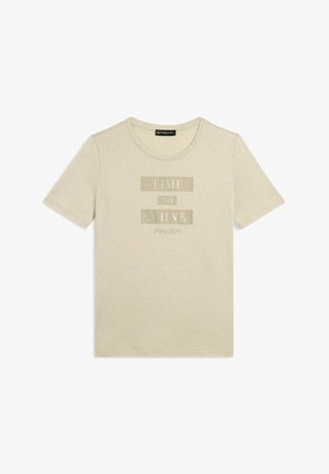 T-shirt beige a maniche corte con la scritta "TIME TO SHINE" stampata in lettere maiuscole al centro davanti.