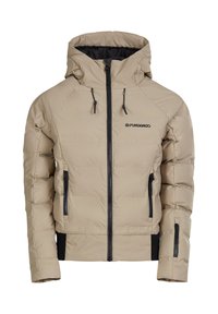 Beige pufferjack met een capuchon, voorzien van een frontaal rits, zwarte accenten en ritszakken aan de zijkant. Gevoerde quilted uitstraling.