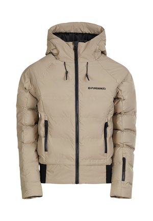 Beżowa kurtka puchowa z kapturem, posiadająca zamek błyskawiczny z przodu, czarne akcenty oraz zamykane na zamek kieszenie boczne. Teksturowany, pikowany wzór.