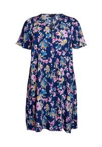 Robe marine avec un motif floral dans des nuances de rose, bleu et jaune. Manches courtes et coupe décontractée avec un col en V. Tissu doux au toucher.