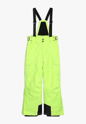 Pantalon d'hiver isolé jaune-vert avec bretelles noires réglables, multiples poches et tissu noir renforcé au niveau des chevilles intérieures.