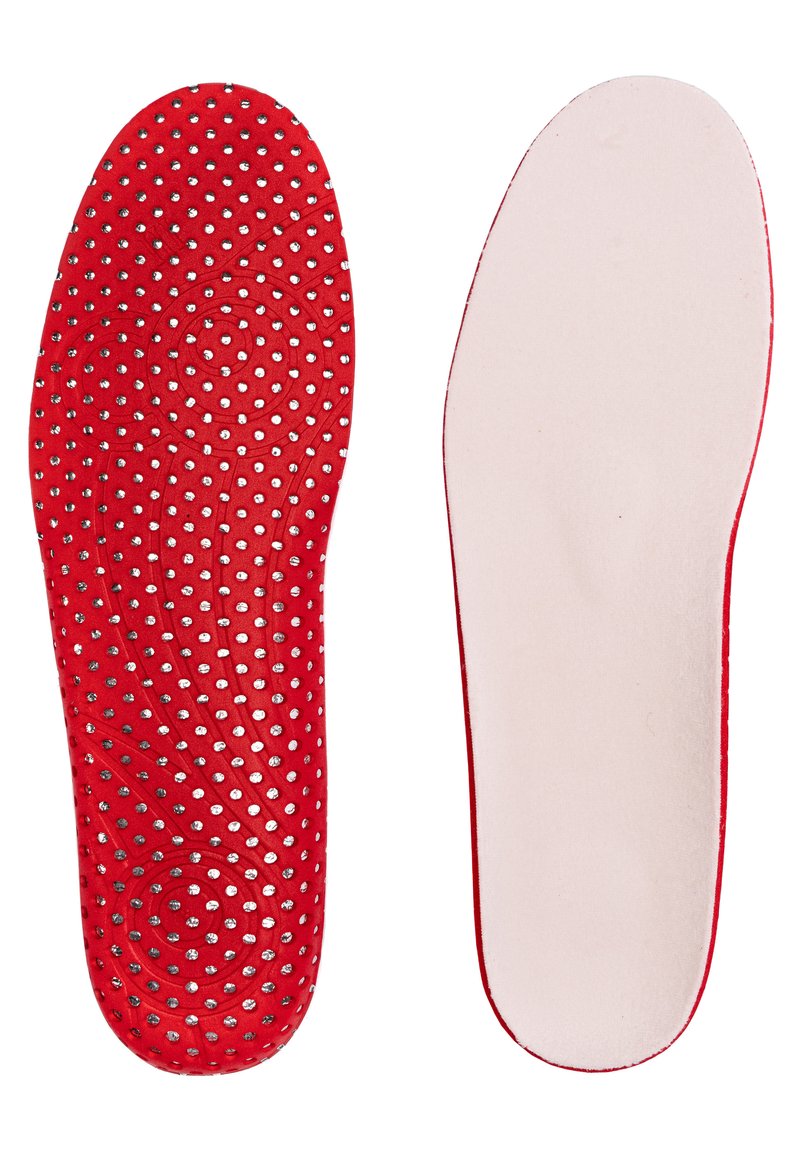 Red insoles with a textured surface featuring raised dots and swirls; reverse side is smooth and light-colored.