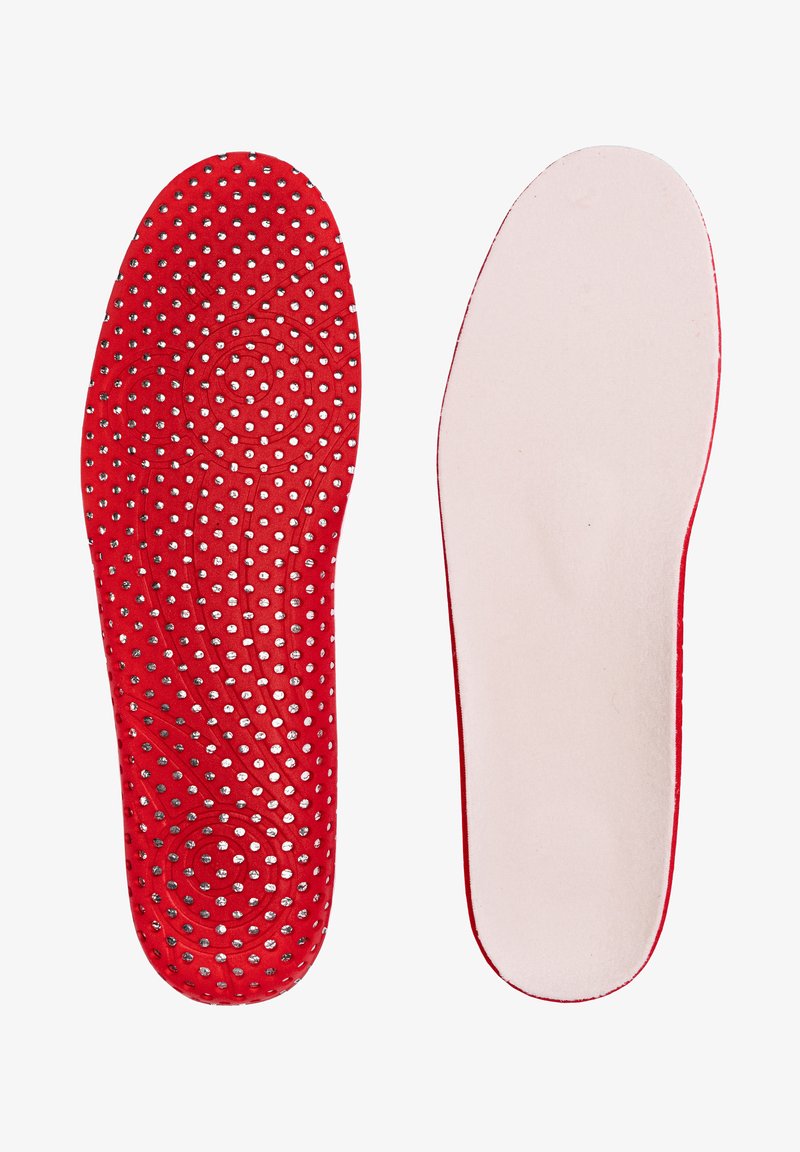 Red insoles with a textured surface featuring raised dots and swirls; reverse side is smooth and light-colored.