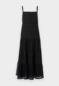 Rochie neagră midi, confecționată dintr-un material texturat. Prezintă bretele subțiri, un corset cu nasturi și o fustă stratificată, cu volane și modele intricate.