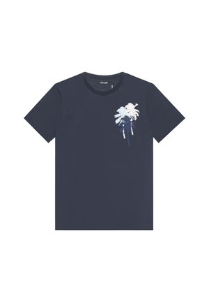 Camiseta de algodón azul marino con mangas cortas y un cuello redondo. Presenta un gráfico de una palmera blanca en la parte izquierda del pecho.