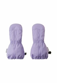 Lila Handschuhe mit einer weichen, glatten Textur. Sie verfügen über ein gerafftes Handgelenk-Design und verstellbare Riemen für einen sicheren Sitz.