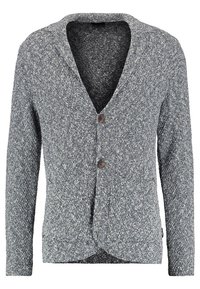 Cardigan grigio lavorato a maglia con scollo a V, chiusura a un bottone e maniche lunghe. Presenta un motivo testurizzato e una vestibilità rilassata.