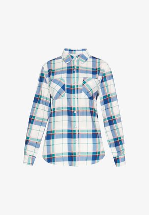 Langarm overhemd met knopen, met een blauw, groen en roze geruit patroon op een witte achtergrond, twee klepzakken en een kraag.