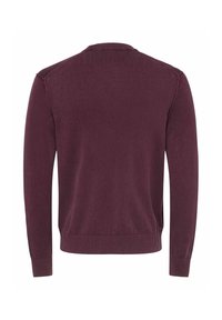 Pull à manches longues couleur bordeaux foncé, vu de dos, avec poignets, ourlet et col côtelés.