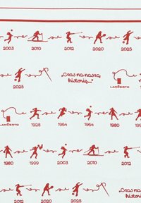 Biały materiał z powtarzającymi się czerwonymi sylwetkami różnych aktywności sportowych, wzbogacony o lata oraz tekst "Czas na naszą historię" i "Lancerto."