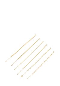 Set of six gold bracelets featuring various designs: smooth, textured, and beaded styles with lobster clasp closures and adjustable lengths.