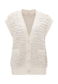 Cremfarbener gestrickter Pullunder mit einer strukturierten, flauschigen Oberfläche, ausgestattet mit einem tiefen V-Ausschnitt, Knopfverschluss und zwei vorderen Taschen.