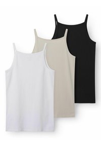 Set tri tank topova u bijeloj, bež i crnoj boji. Izrađeni su od glatke tkanine s tankim naramenicama i jednostavnim, ravnim krojem.