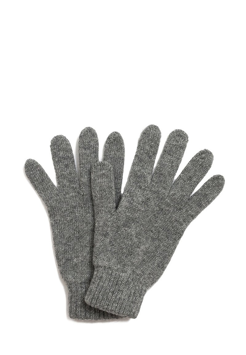 Guanti lavorati a maglia grigi con polsini a coste, caratterizzati da cinque dita separate e una texture morbida, ideali per il calore e il comfort.