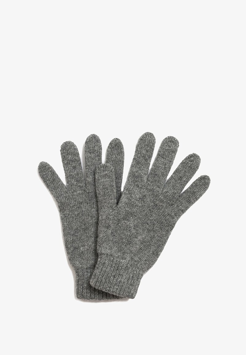 Guantes de lana gris con puño acanalado, que cuentan con cinco dedos individuales y una textura suave, ideales para el calor y la comodidad.