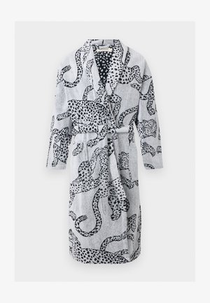 Ανοιχτό γκρι μπουρνούζι με μαύρο λεοπάρ μοτίβο, γιακά σάλι, μακριά μανίκια, μπροστινές τσέπες και ζώνη μέσης.