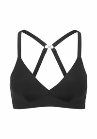 Svart bralette i mjukt tyg, med en triangulär form, justerbara remmar och ett korsat ryggparti med en metallspänne.