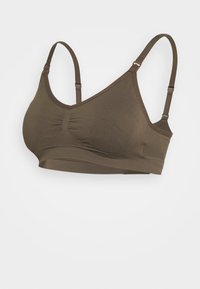 Bralette castanho, sem costuras, com alças ajustáveis, tecido suave, centro franzido e faixa larga para suporte. Sem aros ou almofada.