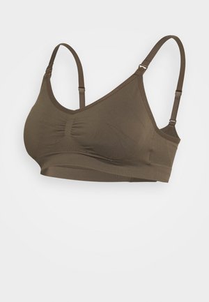 Bralette castanho, sem costuras, com alças ajustáveis, tecido suave, centro franzido e faixa larga para suporte. Sem aros ou almofada.